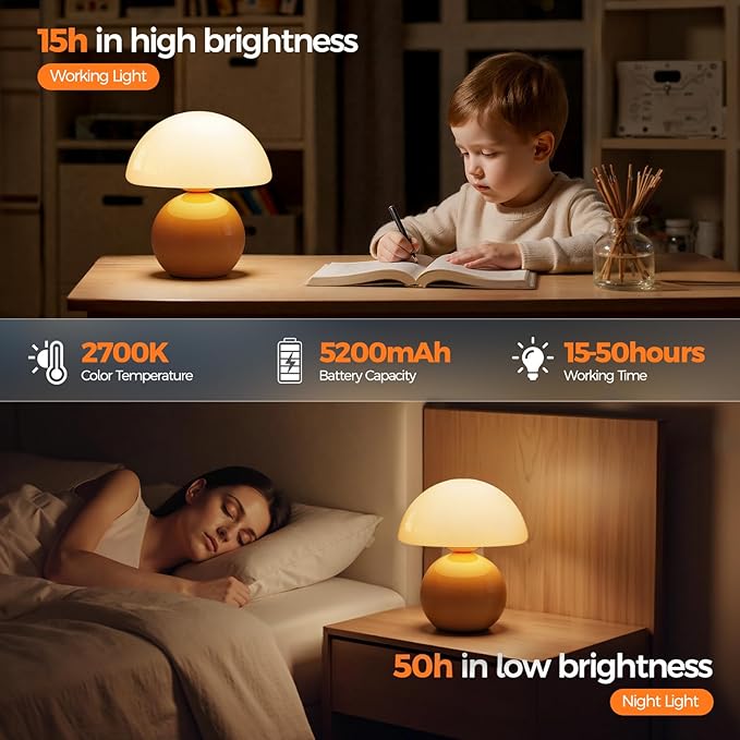 NIORSUN Mushroom Lamp Table Lamp for Bedroom, Portables Cordless Table Lamps Set of 2,Wireless lamp,Bedside Tables Touch for Living Room,Mini Mushroom 5200mAh Battery Operated Lamps Modern Orange