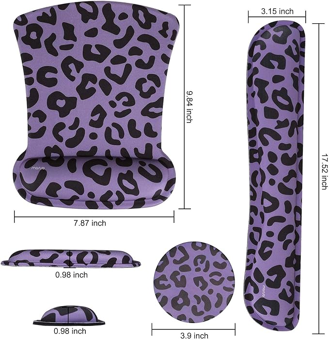 MOSISO Wrist Rest Support for Mouse Pad&Keyboard Set, Leopard Grain Ergonomic Mousepad&Coaster Non-Slip Base Home/Office Easy Typing Cushion with Neoprene Cloth&Raised Memory Foam, Purple