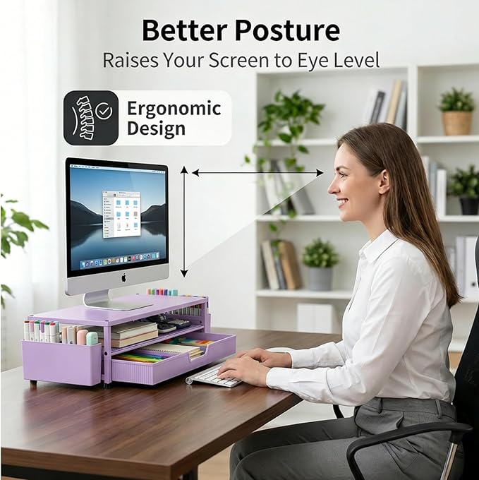 Desk Organizer and Accessories, 2-Tier Computer Monitor Stand Rise with Storage Drawer & 2 Pen Holders, Laptop & Printer Stand for Desktop, Workspace Organizers for Office Supplies (Purple)