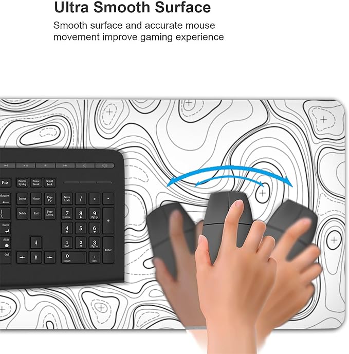 Large Gaming Mouse Pad White Topographic Contour Mouse Pad with Stitched Edges & Nonslip Rubber Base Extended XXL Long Mousepad Big Desk Mat for Company Office Work, 35.4 x 15.7 in