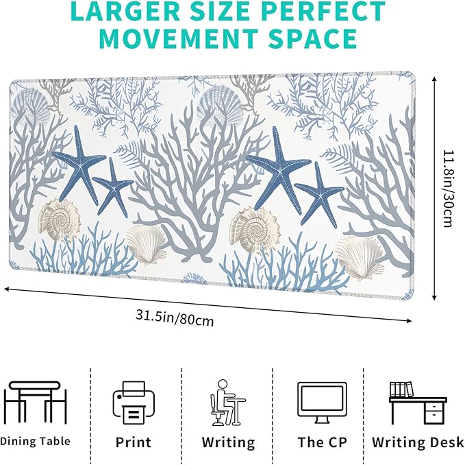 Nautical Coastal Gaming Mouse Pad,12x31.5in Non-Slip Rubber Beach Desk Mat,Large Extended Mousepad for Office Home Laptop,Mice Pads Gifts,Game Lover Deskmat Decor (Coral Starfish Seashell)