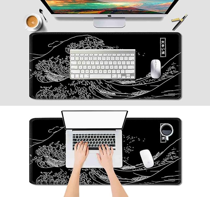 IMAYONDIA Japanese Great Wave Large Mouse Pad (35.4x15.7 in), Black Gaming Mouse Pad Anime XXL, Extended Kanagawa Mouse Mat Desk Pad, Non-Slip Rubber Base Long Computer Mice Pad