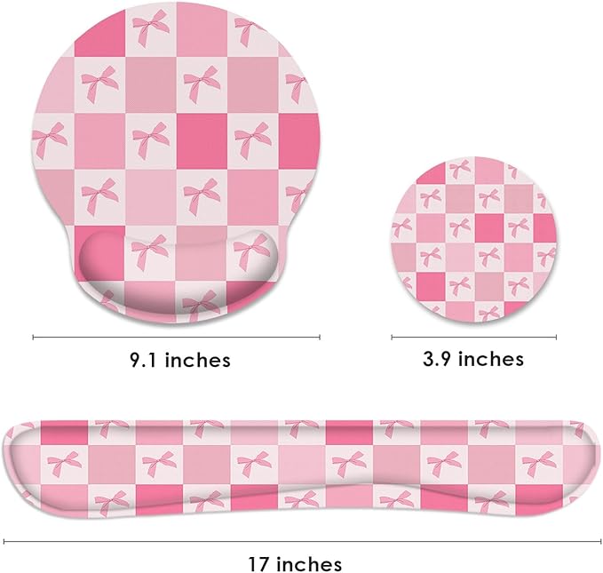 Britimes Pink Bow Checkered Cute Retro Kawaii Ergonomic Mouse Pad Set with Wrist Rest Non-Slip Rubber Base Wrist Cushion Support and Coasters Mousepad with Wrist Support for Computer Keyboard and Desk
