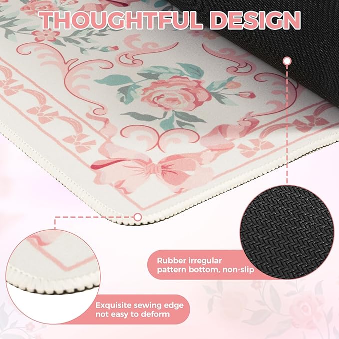 iCasso Pink Desk Mat for Desktop,Cute Desk Pad for Women,Girly Bow Mouse Pad with Stitched Edges,Non-Slip Large Computer Mat for Home Office Study Gaming