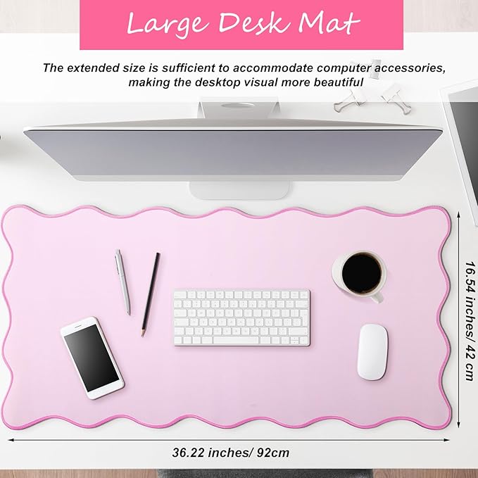 Scalloped Desk Mat Large Scalloped Piping Cute Desk Mat Aesthetic Preppy Table Pad Large Nonslip Pad with Edge Stitching Waterproof Gaming(Pink,36 x 17 Inches)
