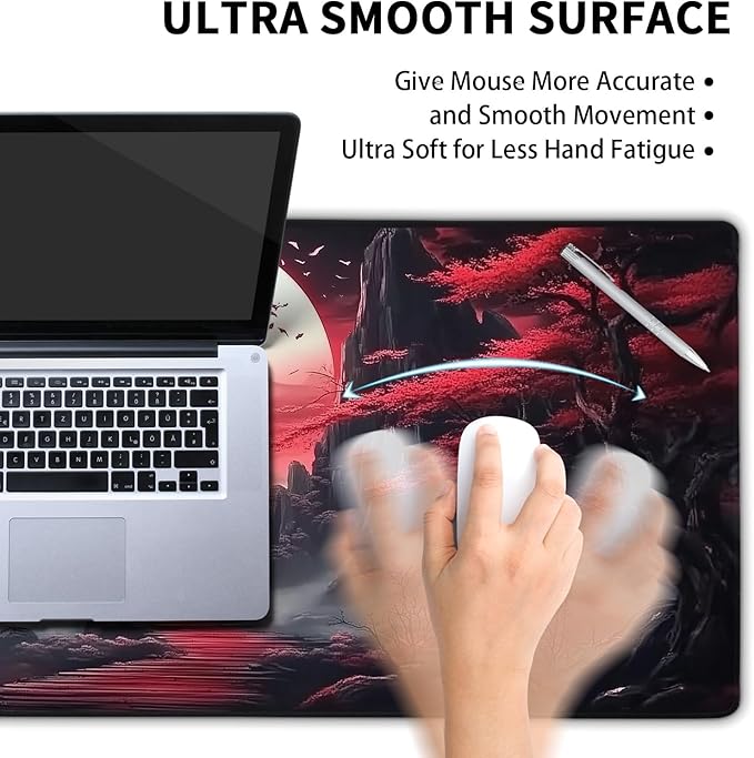 Black Red Japanese Mouse Pad XL Moon Sakura Cherry BLoosm Tree Extended Table Mat 80X30 cm Non-Slip Rubber Base Stitched Edge Large XL Mousepad for Desk Gaming Laptop Desk Top,31.5×11.8 Inch