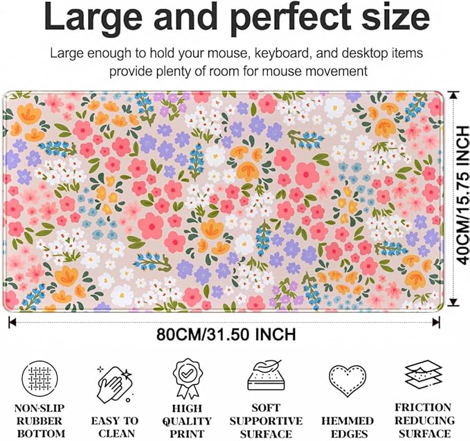 Floral Desk Mat Large Keyboard Pad, Pink Mouse Pad Women Girls Flowers Large Mouse Pad for Desk Pad Computer Floral Pad Desktop Mat for School Office Home 31.5" X 15.7"