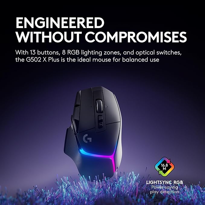 Logitech G502 X Plus Wireless Gaming Mouse: Optical Switches, LIGHTSYNC RGB, 13 Buttons, Infinite Scroll Toggle, <130 hr Battery Life, USB-C, PowerPlay Wireless Charging Capable, for PC/MacOS - Black