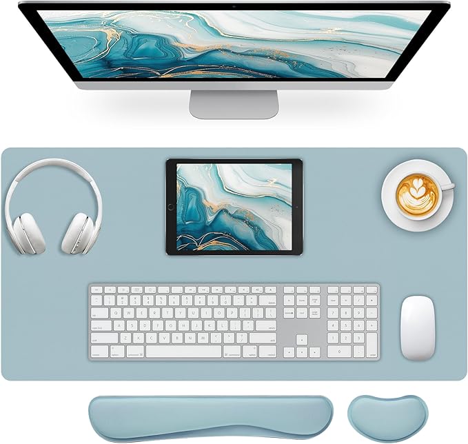 Desk Pad Mat Set,3-in-1 Large Mouse Pads with Wrist Rest and Keyboard Pad, Desk Mats for Keyboards and Mouses, Ergonomic Keyboard and Mouse Mat Set for Office Home Decor(Blue, 31.5" x 15.7")