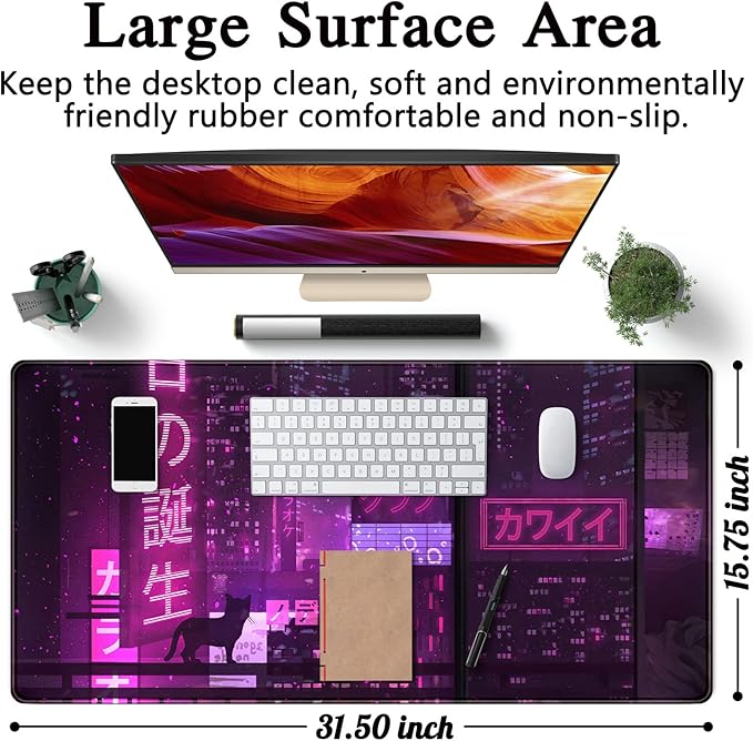Purple Gaming Mousepad Japanese Desk Mat XXL Extended Anime Cool Large Mouse Pad Keyboard Mouse Mat Desk Pad for Computer Laptop Gamers 31.5''X15.7'' Non-Slip Rubber Base with Stitched Edges