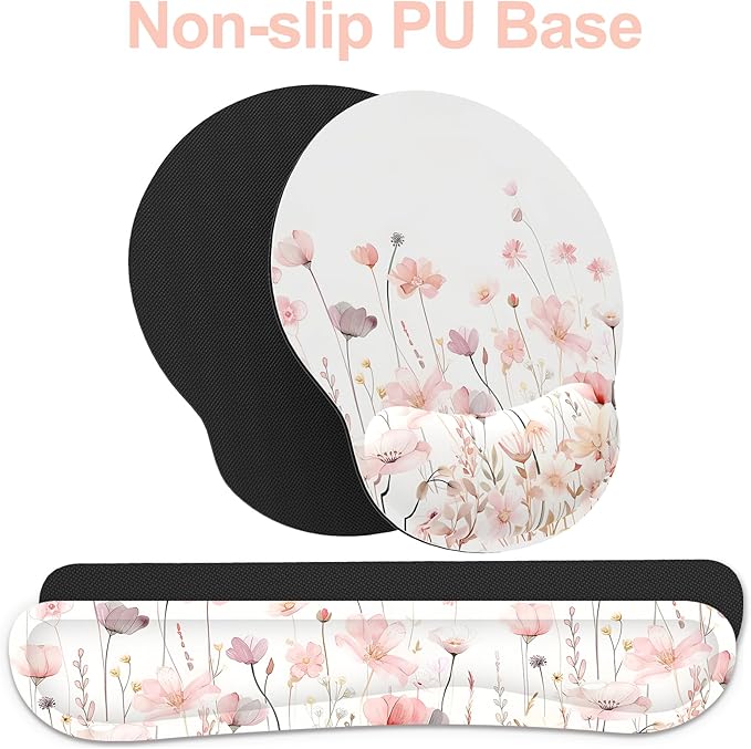 Ergonomic Mouse Pad with Wrist Rest and Keyboard Wrist Rest, Mousepad and Wrist Rest for Computer Keyboard, Non-Slip Rubber Base, Mouse Pad Wrist Support for Gaming, Office, Pink Watercolor Flower