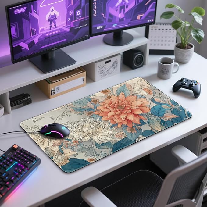 Japanese Minimalist Floral Large Gaming Mouse Pad 31.5"x15.7"｜ Aesthetic Flower XXL Desk Mat, Non-Slip Rubber Base & Stitched Edges - Extended Mousepad for PC/Laptop/Office/Home Decor