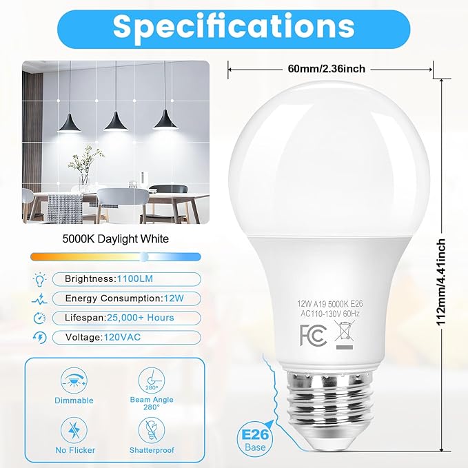 Brightever A19 LED Light Bulbs Dimmable, 100 Watt Equivalent Light Bulbs, Daylight White 5000K, 1100 Lumens, 12W Bright E26 LED Bulb, Energy Efficient for Bedroom Living Room Home Office Lamp, 8-Pack