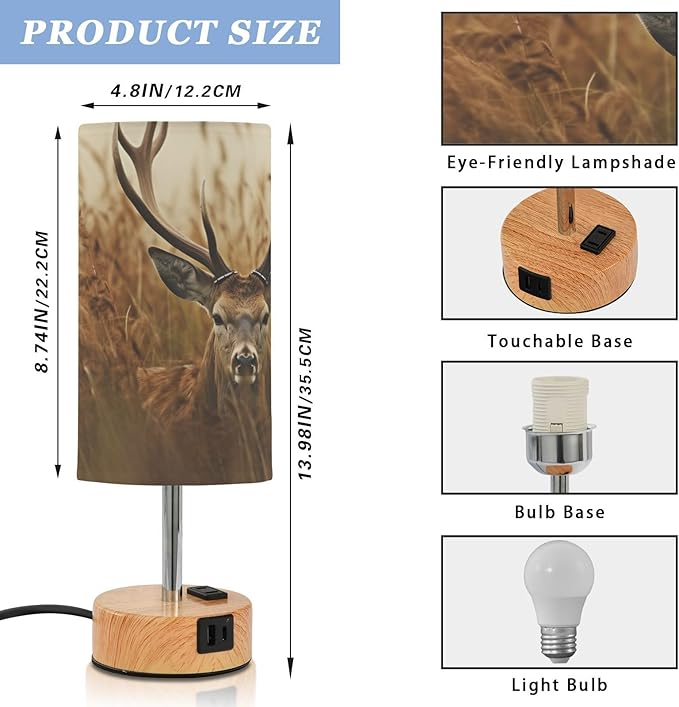 Touch Control Bedside Lamp with USB Ports, 3 Way Dimmable Table Lamp with Linen Shade, Modern Nightstand Lamp for Bedroom, Living Room, Office (Antler Deer)