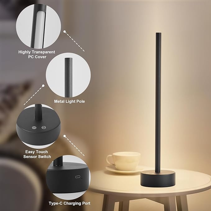 Cordless LED Table Lamp, Battery Operated Portable Desk Lamp,Dimmable/3 Color/Memory Function,Modern Rechargeable Table Light for Living Room,Bedroom,Bedside,Black