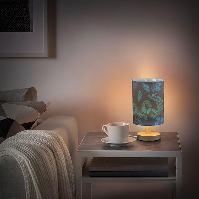 Blue Floral LED Table Lamp, Bedside Lamp with Linen Lampshade, Flicker-Free Eye Care USB Plug in Nightstand Lamp, for Bedroom and Office