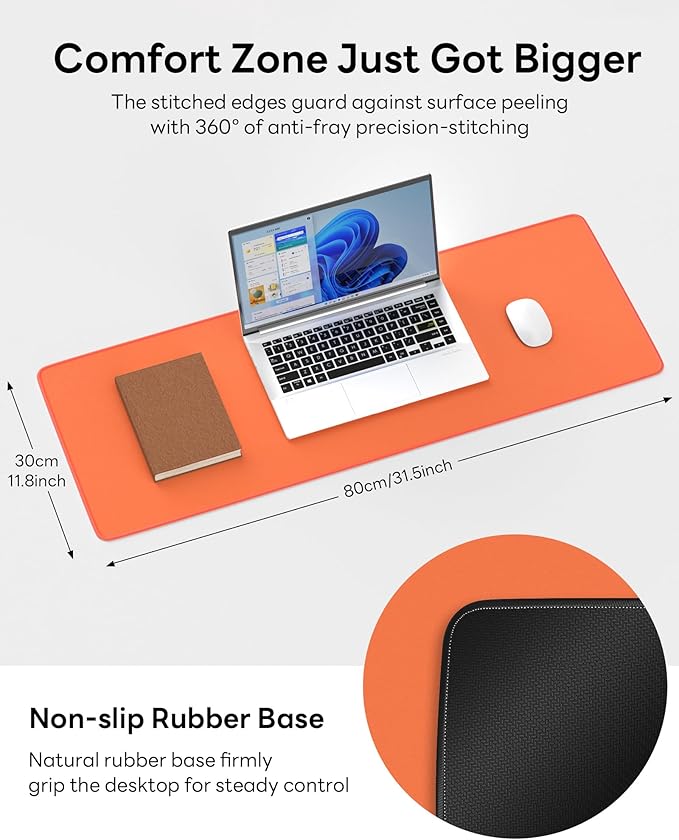 Orange Mouse Pad, 31.5 x 11.8 Large Desk Mat with Stitched Edges & Non-Slip Base, Mousepad for Office, Home, Work