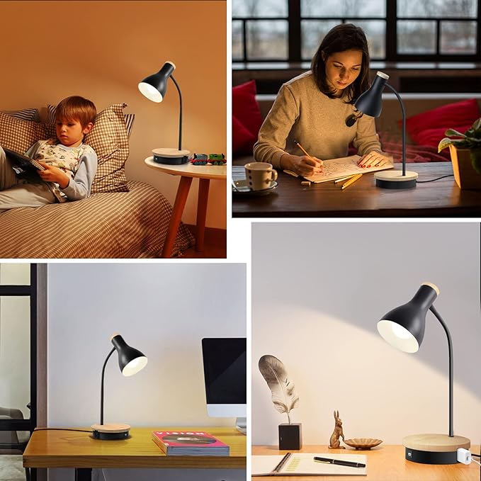 Metal Desk Lamp Wireless Charging Table Lamp Touch Reading Lights Arc Desk Lamps for Bedroom, 3 Way Dimmable Bedside Lamp with USB Charging Ports Lamp for Study Room and Office (Black)