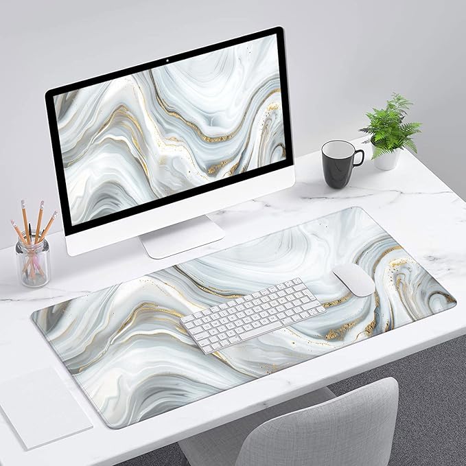 White Marble Desk Mat Abstract Gold Striped Extended Gaming Mouse Pad Mat with Stitched Edge Non-Slip Base Big Mouse Pad 31.5"x11.8" Office Computer Keyboard Laptop Home