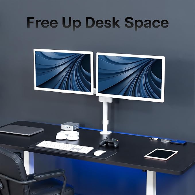 VIVO 17 to 32 inch Dual Pneumatic Monitor Mount, 2 Pneumatic Arms, Adjustable Swivel, Rotation, Heavy Duty VESA Desk Stand with C-clamp, Grommet, Max VESA 100x100, White, STAND-V002KW