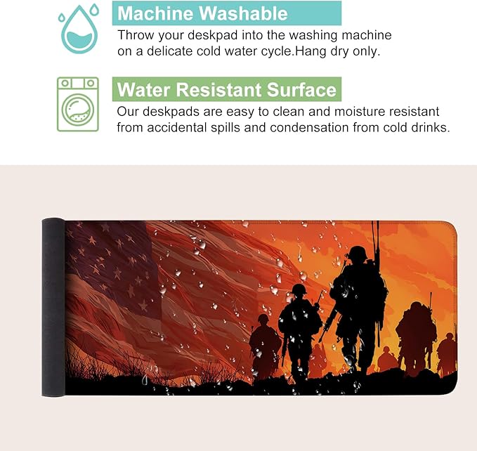 Desk Mat, XXL Extended Gaming Pad for Desktop, 31x12 Inches Patriotic Soldier Silhouette with Flag, Large Non-Slip Vegan Leather Keyboard Mouse Mat for Home Office