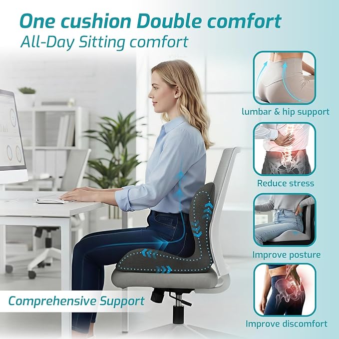 Ergonomic Seat Cushion, Office Chair Cushion with Lumbar Support Pillow, Car Orthopedic Seat Cushions, Designed for Coccyx, Tailbone & Lumbar Ergonomic Support, for Office, Car, Truck, Home, Desk Chair
