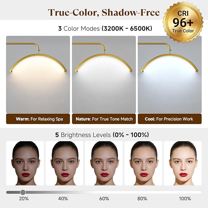 Half Moon Lash Light - Bling Diamond Lash Lamp with 4X Magnifier & Phone Holder, Adjustable Floor Lamp for Eyelash Extensions, Nail Art, Tattoo, Skincare, Dimmable Brightness, Rotating Head, Gold