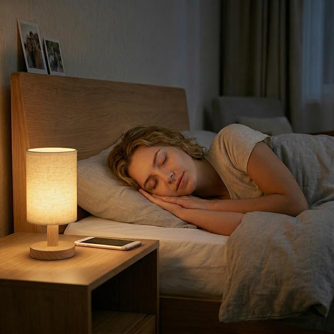Small Bedside Table Lamp with USB Powered, Minimalist Rustic Wood Base &Linen Shade, 2700K Warm Eye-Care Night Light, Farmhouse Boho Nightstand Lamp for Bedroom Dorm Nursery Kids Room Kitchen