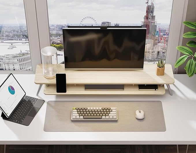 Fenge Dual Monitor Stand, Monitor Stands Riser for 2 monitors, 42.5 Inch Wood Desk Shelf with Storage Organizer and Cable Management for Office Desk Accessories