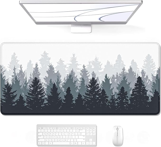 Auhoahsil Large Gaming Mouse Pad, Forest Theme XXL 35.4 x 15.7 in Desk Pad Stitched Non-Slip Rubber Long Computer Mousepad Thin Extended Full Size Desk Mat for Desktop, Laptop, Wireless Mice, White
