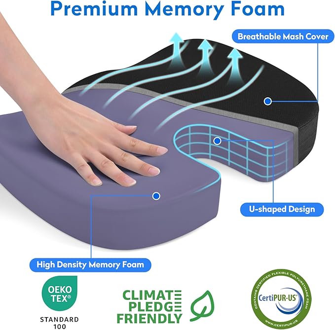 Seat Cushion - Memory Foam Office Chair Cushion for Coccyx, Tailbone & Back Support - Orthopedic Coccyx Pillow for Car, Airplane, Pregnancy & Long Sitting at Work, Black