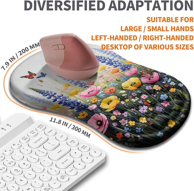 Ergonomic Joint Wrist Support Mouse Pad with Memory Foam Cushion Massage Bump, Carpal Tunnel Mousepad Slope Design for Wrist Rest, 11.8x7.9 in, Wild Flower