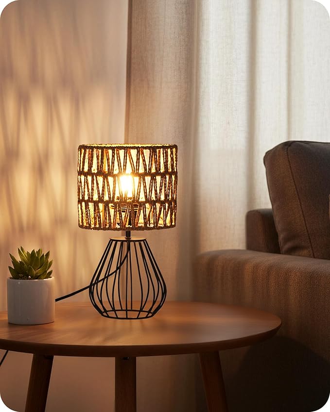 Small Bedside Lamp, Boho Table Lamp with Handwoven Paper Lampshade & Black Metal Base, Rattan Desk Lamp, Modern Nightstand Lamp for Bedroom, Living Room, 2700K LED Bulb Included, HW06TL05