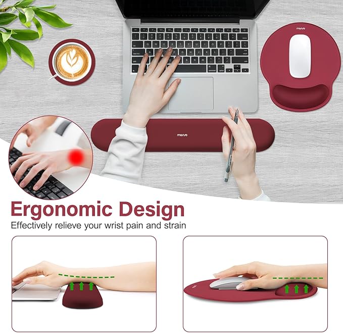 MOSISO Wrist Rest Support for Mouse Pad&Keyboard Set, Circle Curved Ergonomic Mousepad&Coaster Non-Slip Base Home/Office Wrist Support&Easy Typing Pad with Soft Cloth&Silicone Lining, Wine Red