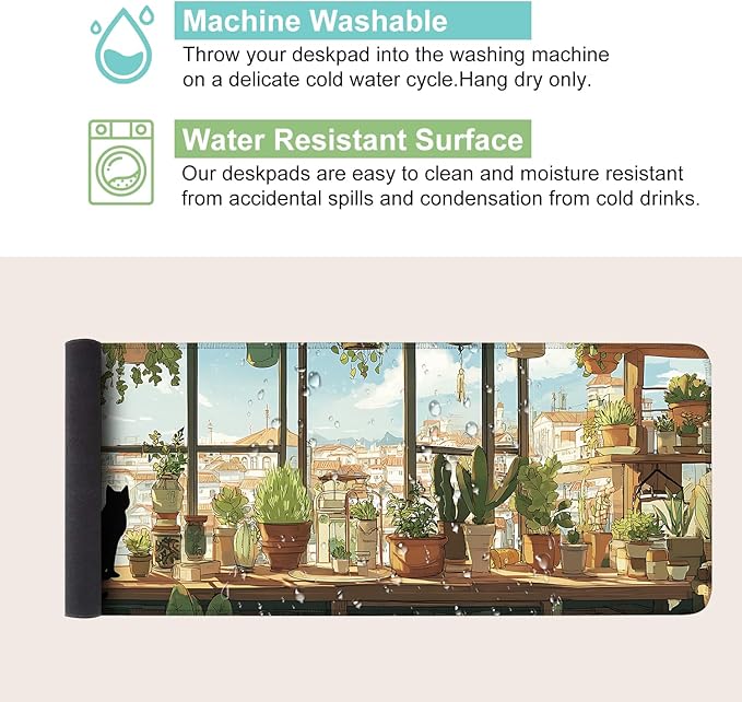 Desk Mat, XXL Extended Gaming Pad for Desktop, 31x12 Inches Cat Lover Kitty in Window with Houseplants, Large Non-Slip Vegan Leather Surface with Stitched Edges, Keyboard Mouse Mat for Home Office