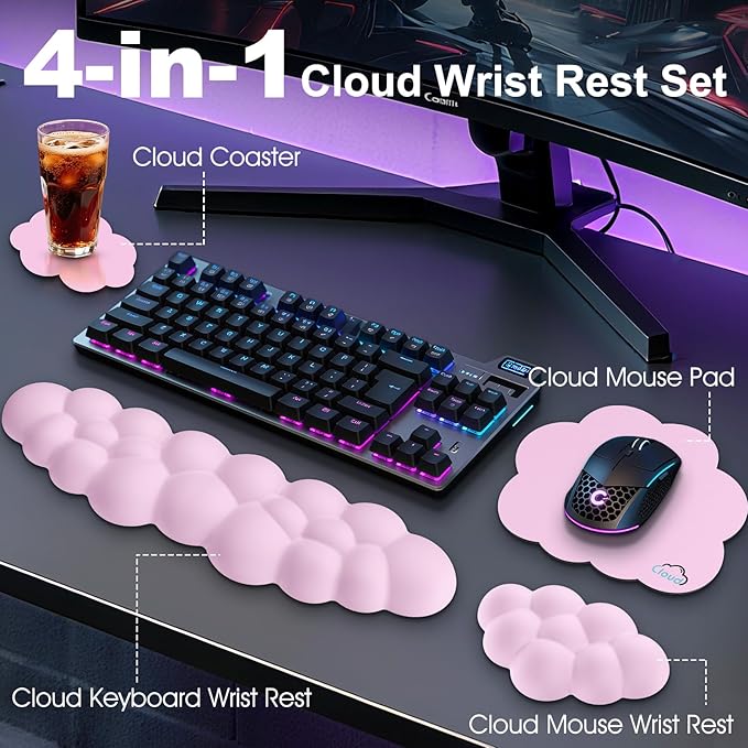 Cloud Wrist Rest Keyboard Cushion, 4-in-1 Ergonomic Cloud Keyboard Wrist Rest and Mouse Pad Set with Memory Foam Arm Support for Palm, Cute Desk Accessory for PC Gaming Setup, Pink