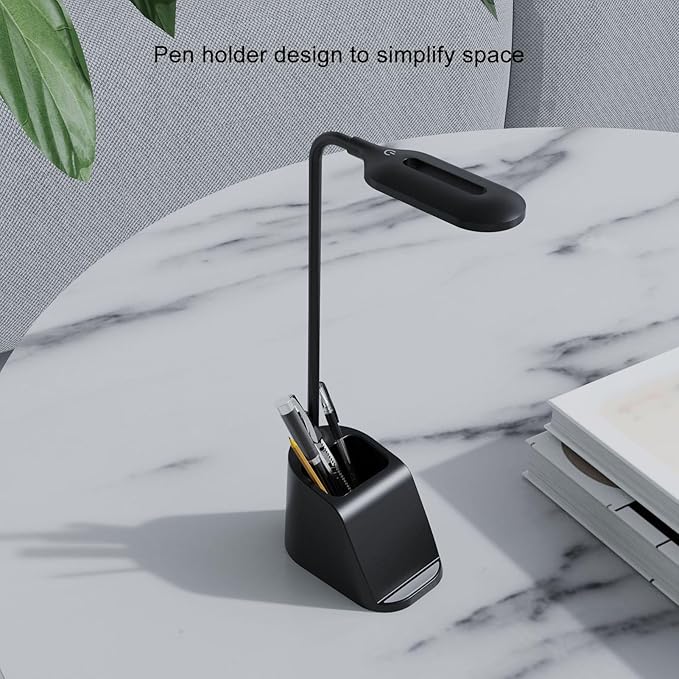 Dpofirs Flexible Gooseneck Desk Lamp with 15W Wireless Charger & Pen Holder, Adjustable LED EyeCaring Light, Touch Control, TypeC for Home Office (Black)