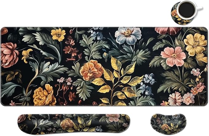 MIBITRI Keyboard Mouse Pad Set, Extended Gaming Mouse Pad+Ergonomics Keyboard Wrist Rest Support, Memory Foam, Easy Typing, 4Pcs XXL Ultra Thick Desk Mat, Elegant Flowers