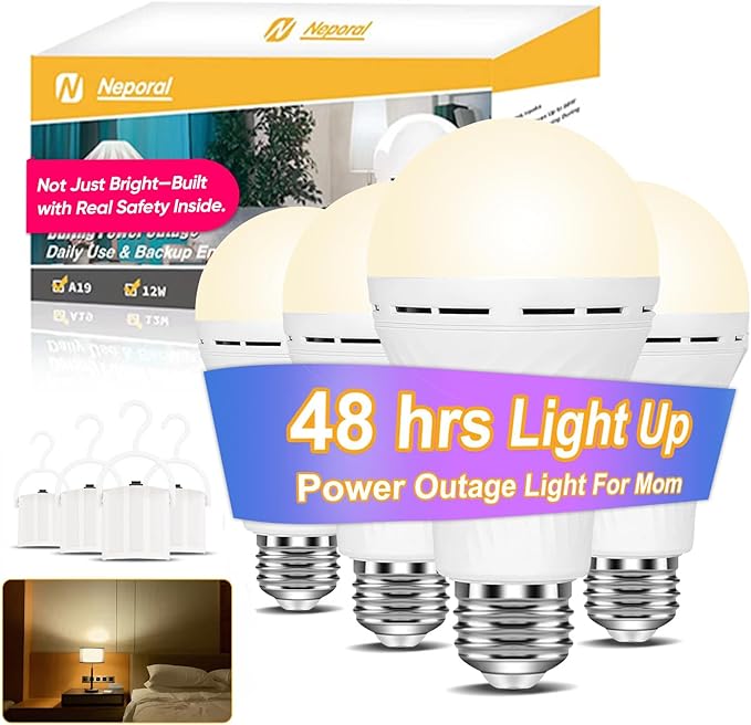 Neporal LITE Emergency Rechargeable Light Bulbs A19, Light Up to 48 hrs, Battery Operated Light Bulb, 5000K E26 LED Bulb, Emergency Lights for Home Power Failure (Soft White-4PK, 12, Watts)