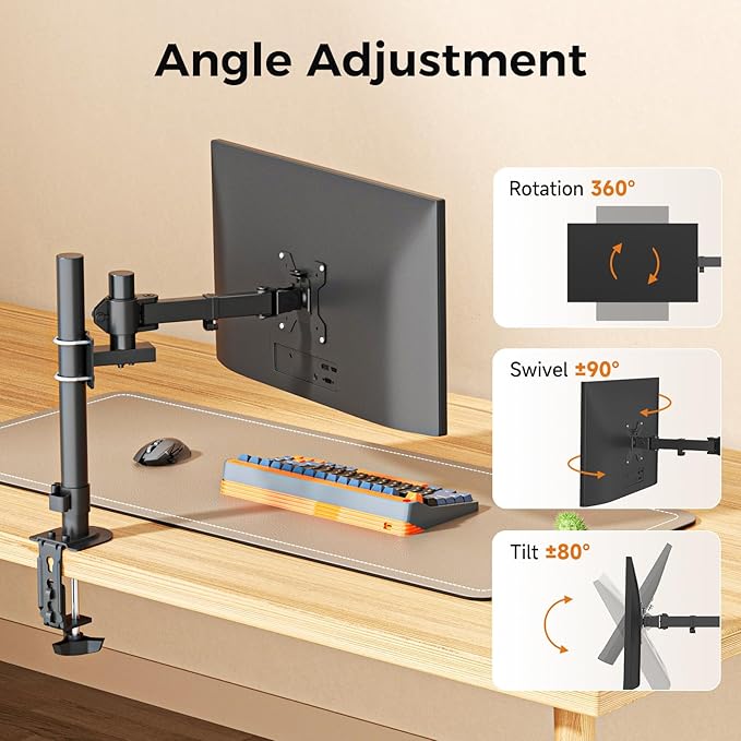 suptek Single Monitor Arm, Universal 1 Tier Arm Fully Adjustable Pole Mount Bracket Monitor Mounting for 13 to 32 inch Screen, Weight up to 22lbs, Mounting Holes 75x75mm to 100x100mm,Black