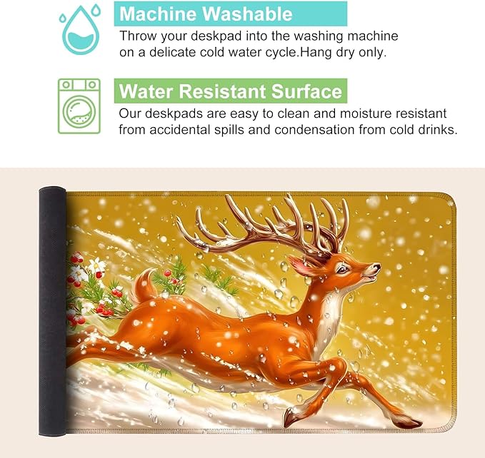 Desk Mat, XXL Extended Gaming Pad for Desktop, 35x16 Inches Reindeer Running in Snow, Large Non-Slip Vegan Leather Surface with Stitched Edges, Keyboard Mouse Mat for Home Office