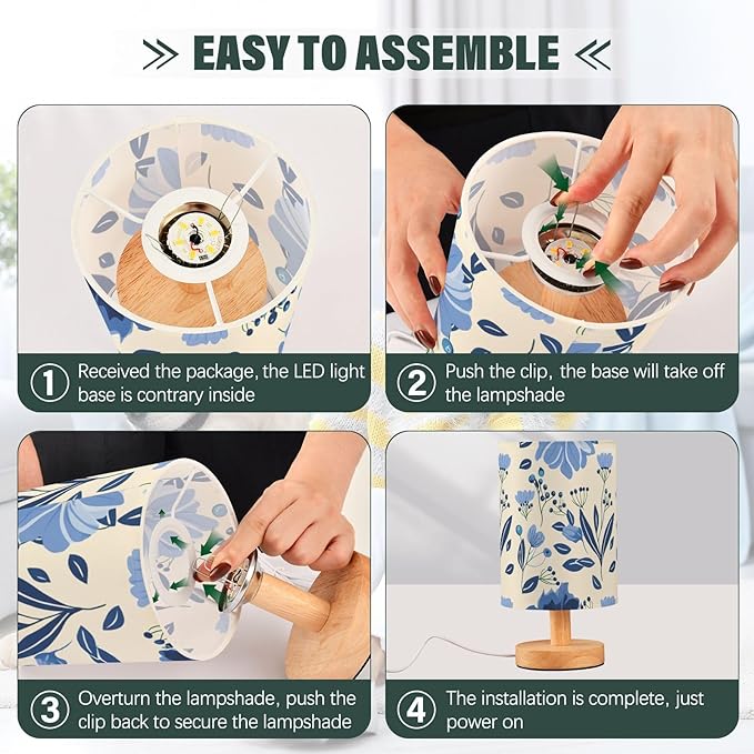 Blue Floral LED Table Lamp, Bedside Lamp with Linen Lampshade, Flicker-Free Eye Care USB Plug in Nightstand Lamp, for Bedroom and Office