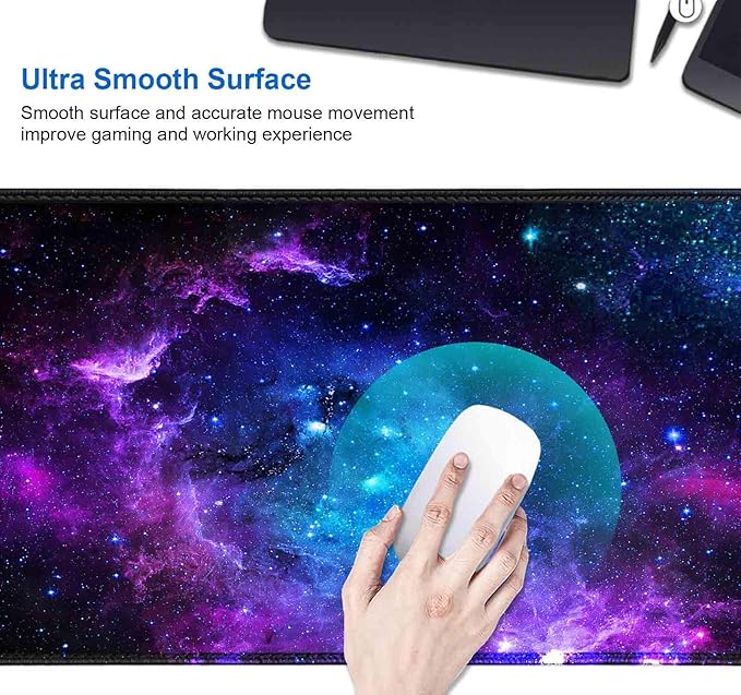 IMAYONDIA Blue Purple Galaxy Nebula Desk Mat (35.4x15.7 in), Space Gaming Large Mouse Pad XL, Non-Slip Rubber Base Big Mousepad, Desk Pad for Desktop, Computer Accessories, Abstract Glowing Universe