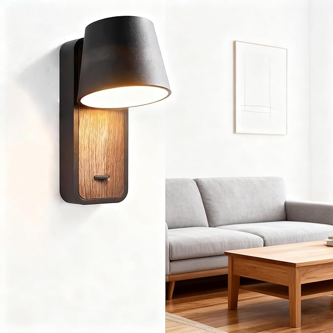 Black & Wood Grain Wall Sconce - 5W 3000K Warm Glow, Flicker-Free Eye-Care LED, Aviation-Grade Aluminum, Decorative Wall Light for Living Room Bedroom