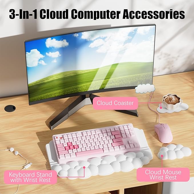 Ergonomic Wrist Rest for Keyboard and Mouse, Soft Memory Foam Cloud Keyboard Stand Pad with Wrist Rest Set, Easy Typing, Comfort for Office, Work, Gaming - White
