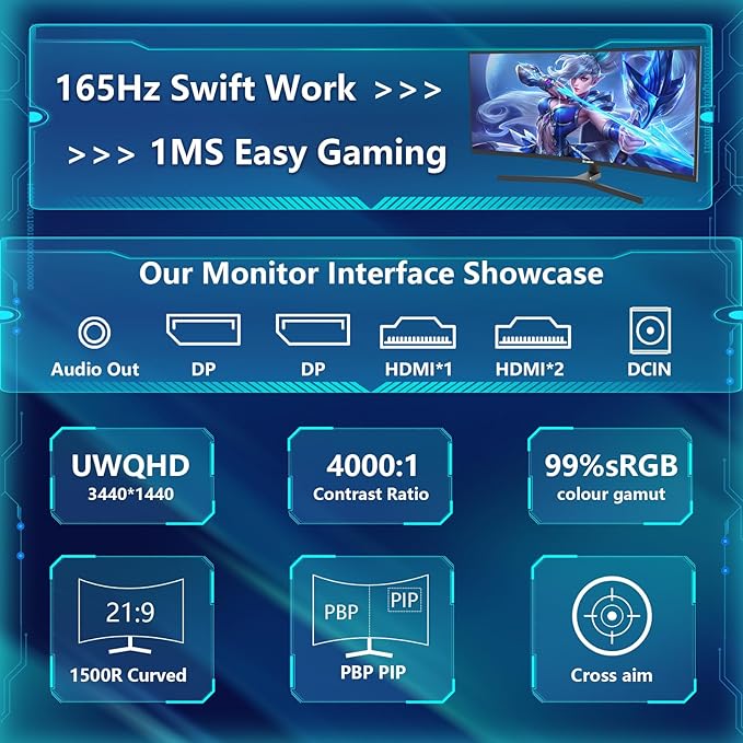 34 Inch UWQHD Curved Gaming Monitor,165Hz 3440x1440 Ultrawide PC Monitor 1500R,21:9 Display,PIP/PBPm,HDR400,4000:1 Contrast,Tilt/Swivel/Height Adjustment,HDMI2.0 & DP1.4