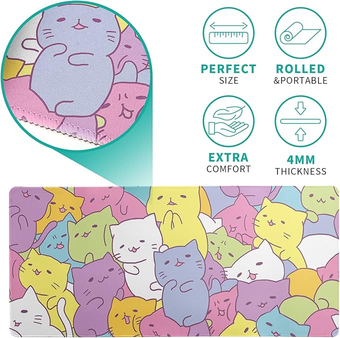 Kawaii Cats Gaming Mouse Pad, Extended Large Mouse Mat Desk Pad, Big Computer Keyboard Desk Pad, Stitched Edges Mousepad, 3mm Thick Long Non-Slip Rubber Base Mice Pad, 31.5 X 11.8 Inch1