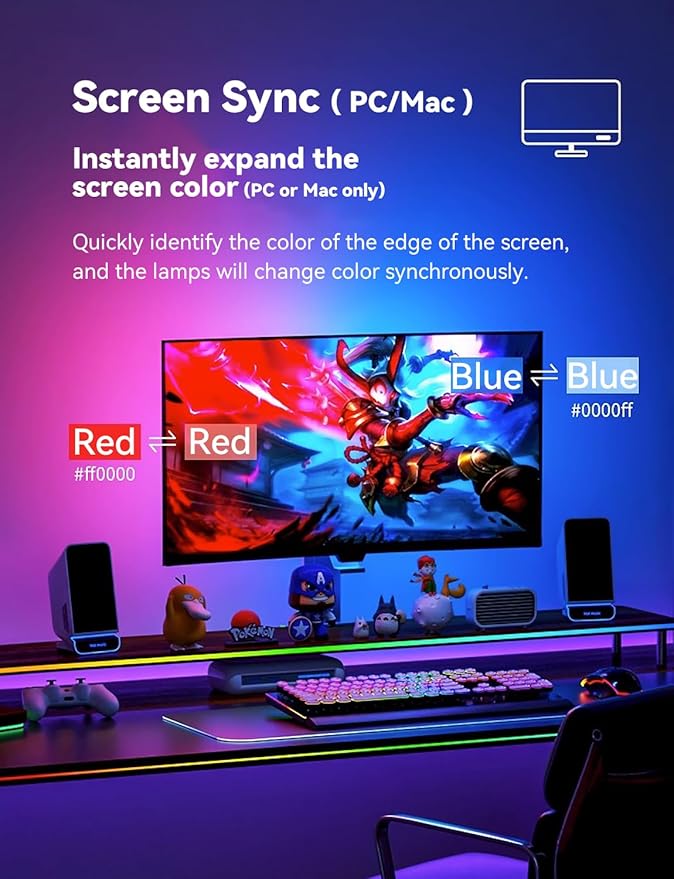 Monitor LED Backlights for PC/Mac, LED Strip Lights That Sync with Screen Color or Music, Computer Light Bar Behind Monitor, LEDs for Desk Gaming, USB Interface, Software Control (32 in)