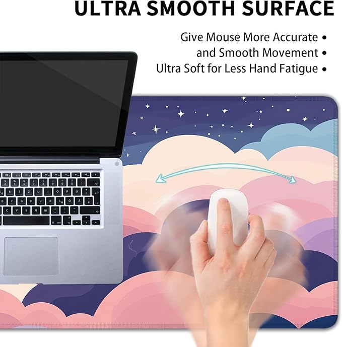 Desk Mat, Cute Colorful Clouds XXL 35.4"x15.7"Large Gaming Mouse Pad, 3mm Thick Gaming Keyboard Pad,Desk Pad Non-Slip Rubber Base with Stitched Edges for Office Game Home Decor