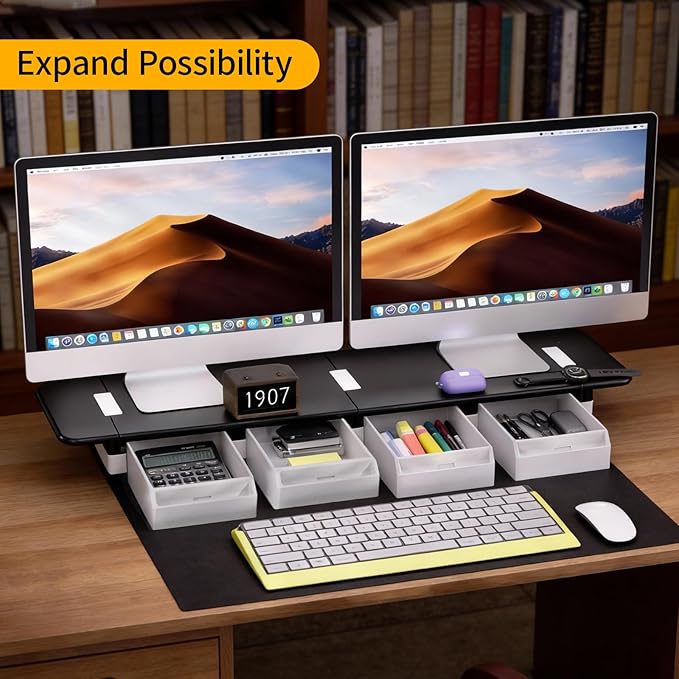 Computer Monitor Stand, Desk Organizer and Accessories with 2 Drawers, Multi-purpose Monitor Riser / Laptop Stand, Sturdy Desktop Storage Organizer for Office Supplies, Black